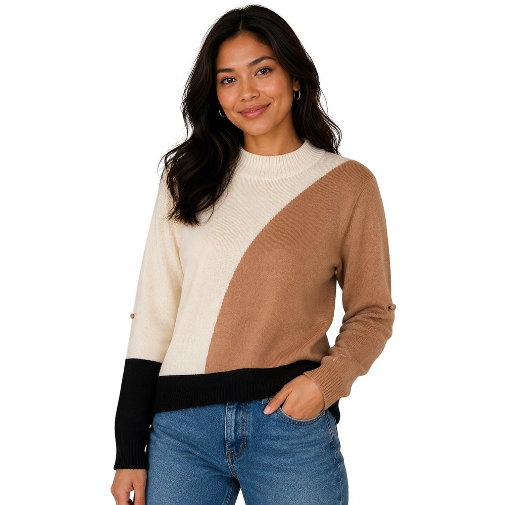 Gilli Womens Colorblock Mock Neck Sweater Tan Cream Black Size Small minimalist
